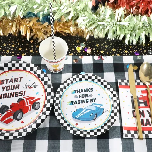Miniatura 5 de Recheel Suministros para fiestas de coche de carreras, juego de platos y servilletas de papel con temática de carreras a cuadros para cumpleaños