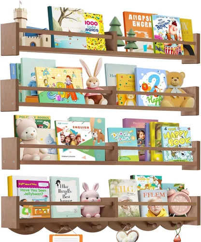 Miniatura 8 de Estantes para libros de guardería de 34 pulgadas montados en la pared, estante flotante para libros para niños con 6 ganchos, estante colgante