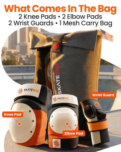 Miniatura 7 de Skatewiz Rodilleras y coderas para adultos - Equipo de protección para patinaje adulto - Escudo - Tamaño L Naranja - Almohadillas para patineta
