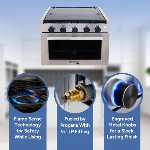 Miniatura 3 de Estufa RecPro RV Negra Rango de gas de 17" de alto Tres quemadores de 6500 y 8000 BTU Horno de 7100 BTU con capacidad de 1.24 pies cúbicos