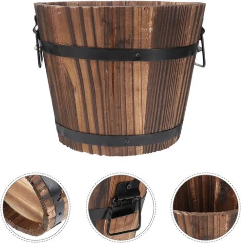 Miniatura 8 de Maceta de barril de madera, maceta rústica para uso en interiores y exteriores con agujeros de drenaje, maceta marrón de 7 pulgadas para plantas
