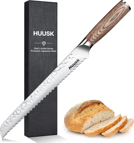 Huusk Cuchillo japonés para pan de masa madre – Cuchillo afilado de 10 pulgadas para rebanar pan casero para torta tostada bagel, cuchillos largos