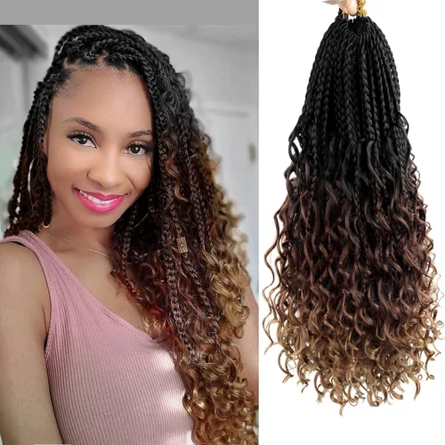 Miniatura 88 de Goddess Box Braids - Trenzas de cabello a ganchillo con extremos rizados, trenzas de caja bohemianas de 16 pulgadas, trenzas de ganchillo, 8 1B-4-30