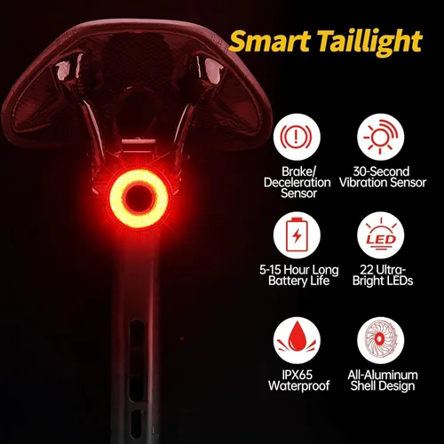 Miniatura 2 de Luz trasera inteligente para bicicleta, detección de frenos, encendido/apagado automático, luz trasera súper brillante de 22 LED, 5 modos