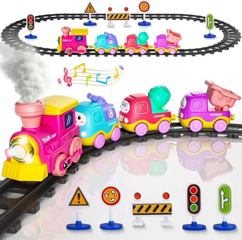 Miniatura 8 de Juego de Tren de Vapor Funwee para Niños Pequeños, Juguetes de Tren con Conexión Magnética y Luces y Sonidos, Tren Eléctrico de Dibujos Animados