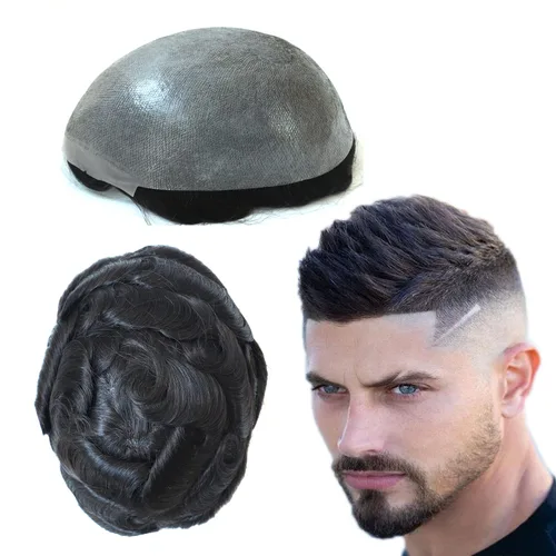 Natural Mens sistema de reemplazo de cabello humano real caballeros humano negro hairpieces piel fina polivinílica V Looped Mens Toupee Unit #1B