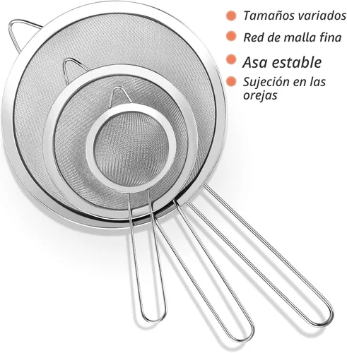 Miniatura 6 de Juego de 3 coladores de malla extrafina de alambre con mango, tamaño pequeño, mediano y grande, tamiz de acero inoxidable, coladores de malla fina