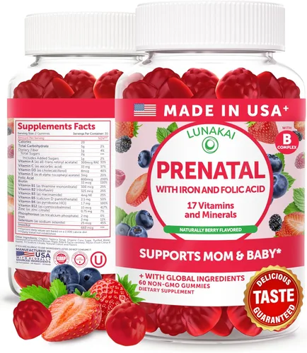 Gomitas prenatales de vitaminas para mujeres con hierro y ácido fólico, masticables y sin OMG, vitaminas prenatales multivitamínicas sin gelatina