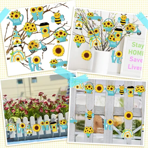 Miniatura 6 de Chunful Adorno de árbol de gnomo de girasol de verano, adornos colgantes de madera para primavera, decoración de árbol pequeño con cuerda