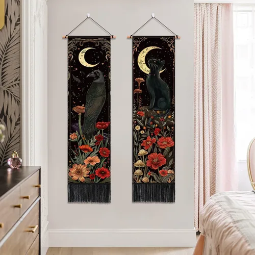 Miniatura 3 de ARTCREATOR Paquete de 2 tapices verticales góticos de decoración de pared oscura caprichosa, diseño de cuervo de gato negro, místico, luna bruja