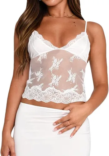 Camisola corta de encaje con tirantes delgados para mujer, sin mangas, cuello en V, vintage, sin espalda, Y2K, ajustada, ropa de calle