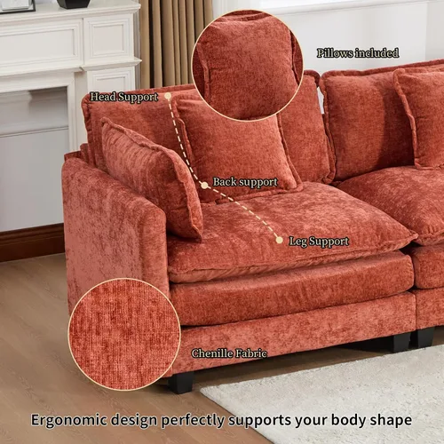 Miniatura 6 de Sofá modular naranja de 111.5 pulgadas, sofás seccionales grandes de 3 plazas para sala de estar, sofá nube de tela de felpilla de gran