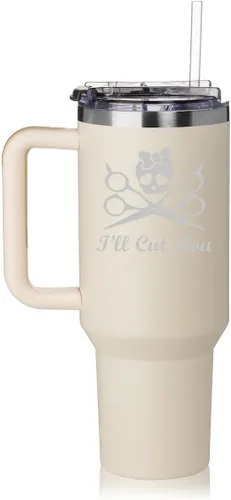 Miniatura 7 de Vaso de 40 onzas con asa y tapa con pajilla, taza de viaje aislada de acero inoxidable, taza de viaje I'll Cut You Hair Dresser Stylist (negro)