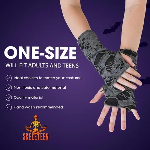 Miniatura 6 de Skeleteen Calentadores de brazos rasgados punk, guantes de punto sin dedos, de manga larga, accesorios góticos para hombres y mujeres, Gris