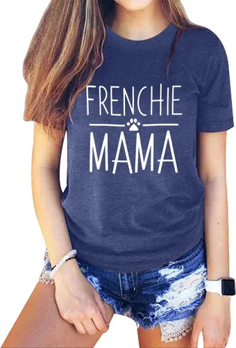Miniatura 23 de Camiseta de manga corta con texto en inglés «Frenchie Mama», con estampado de letras para mujer, estilo casual