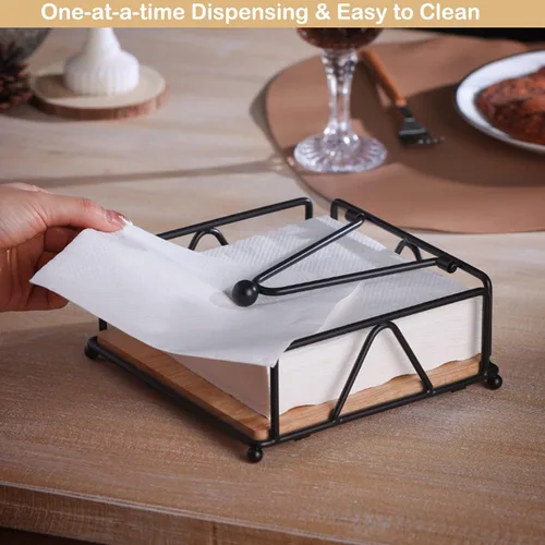 Miniatura 6 de Servilletero de metal para mesa con brazo de peso, servilleteros de papel plano para mesa de cocina con base de madera, dispensador de pañuelos
