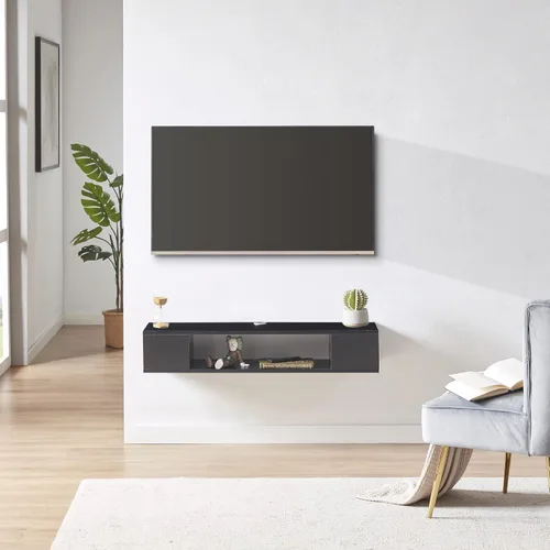 Miniatura 3 de GHC Soporte de TV flotante, centro de entretenimiento montado en la pared y estante de gabinete, consola de TV con almacenamiento, consola