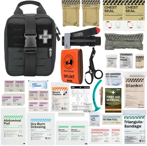 RHINO RESCUE IFAK Kit de Trauma con Torniquete C-A-T, Bolsa Táctica de Primeros Auxilios Molle para Militar, Combate, Auto, Acampada, Senderismo,