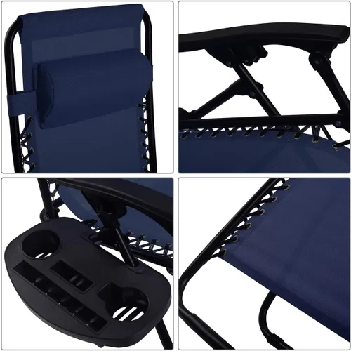 Miniatura 4 de Sillón de gravedad cero para exteriores con almohada y bandeja de utilidad, reclinable plegable para patio y playa (azul marino)