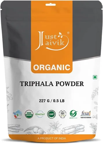 Just Jaivik Triphala en polvo 100% orgánico, certificado orgánico por OneCert Asia, 227 GMS / 1/2 libra / 08 onzas - Equilibra DOSHAS según Ayurveda