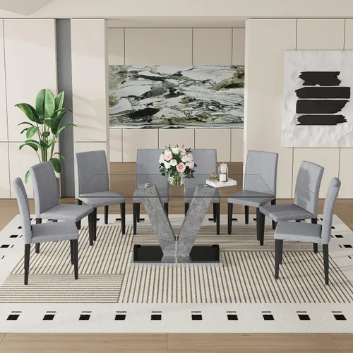 Miniatura 20 de Juego de mesa de comedor de cristal moderno de 71 pulgadas para 6, juego de mesa de comedor de 7 piezas con sillas y mesa de vidrio templado