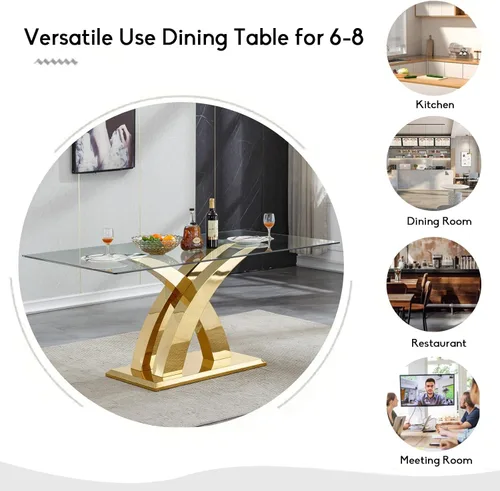Miniatura 7 de Mesa de comedor de cristal para 6-8 personas, mesa rectangular de comedor de cocina de 70 pulgadas con tapa de vidrio templado y base de acero