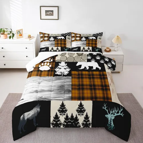 Miniatura 20 de Manfei Rutic Farmhouse - Juego de edredón tamaño King, juego de ropa de cama de retazos de madera a cuadros de ciervo, oso, árbol, 3 piezas