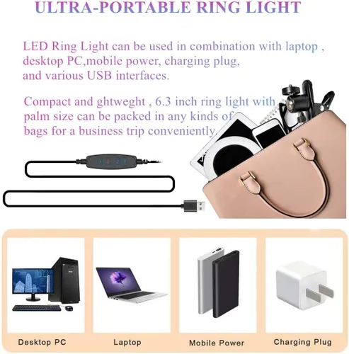 Miniatura 5 de Anillo de luz de 6.3 pulgadas con soporte de abrazadera para laptop, luz de cámara web con 3 modos de luz y 10 niveles regulables para computadora