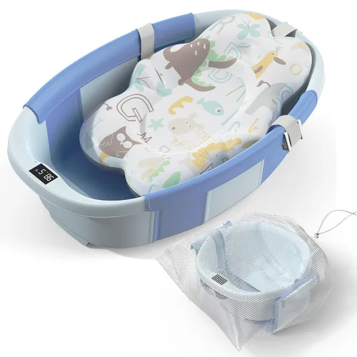 Bañera Plegable para Bebé - Bañera Grande para Bebé con Termómetro y Cojín | Bañera Portátil de Viaje para Recién Nacidos e Infantes | Bañera Azul