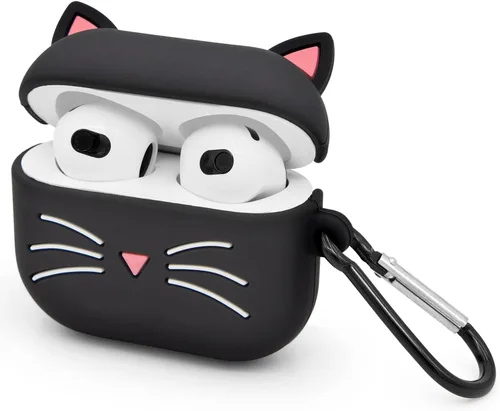 Linda funda para AirPods 3 (2021), funda de silicona suave a prueba de golpes con mosquetón para AirPods 3D de 3ª generación (2021), diseño de gato