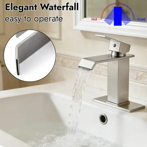 Miniatura 7 de Midanya Grifos de baño en cascada, grifo de lavabo de baño de una sola manija de 1 agujero, moderno grifo de lavabo de tocador de RV con drenaje