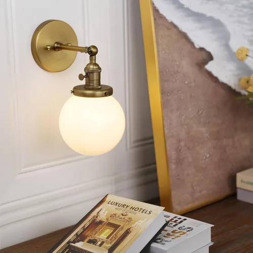 Miniatura 2 de Pathson Aplique de pared cableado con globo blanco, luz de tocador de baño de latón con interruptor de encendido y apagado, lámparas de pared
