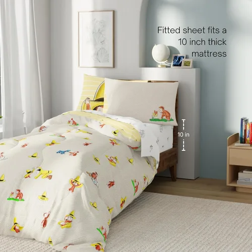 Miniatura 4 de Curious George - Juego de ropa de cama tamaño individual, juego de 5 piezas para niños, edredón reversible súper suave y acogedor con funda