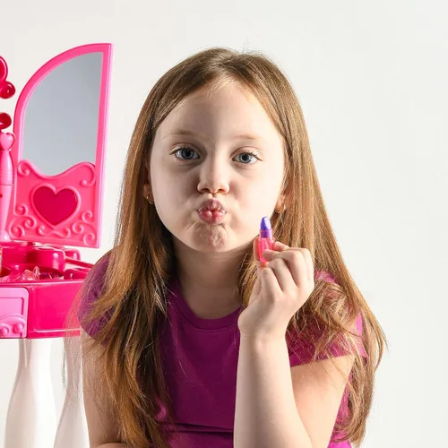 Miniatura 9 de Play22 Juego de tocador para niñas con espejo y taburete, 21 piezas, juego de mesa de maquillaje para niños con luces y sonidos, incluye accesorios