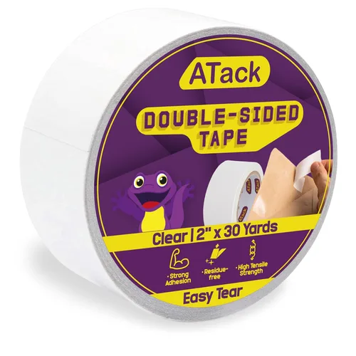 ATack Cinta Transparente de Doble Cara, Fácil de Rasgar a Mano, 2 Pulgadas x 30 Yardas, Segura para Paredes, de Servicio Pesado, Cinta de Tela