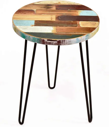 Miniatura 3 de WELLAND Mesa auxiliar de madera recuperada, mesa auxiliar redonda con patas de horquilla, 16 pulgadas de largo x 16 pulgadas de ancho x 20.5