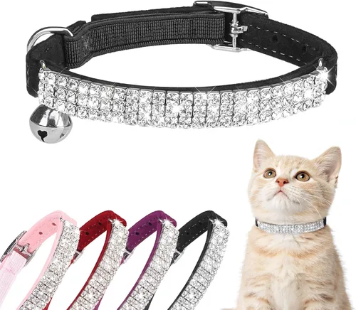 Miniatura 13 de BINGPET collar ajustable para gatos, de terciopelo suave, seguro, collares Bling diamante con cascabel, Adjustable, Rosado claro Rosa