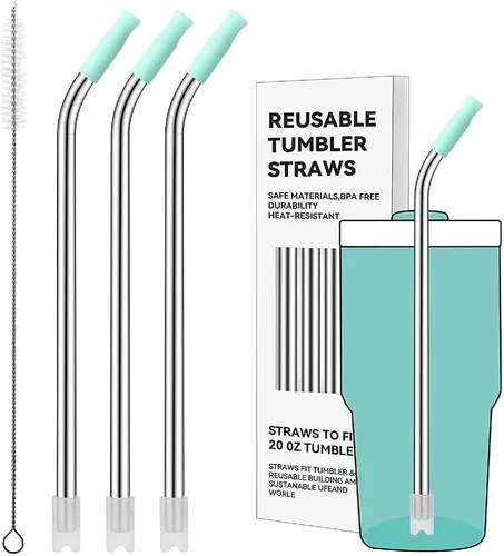 Miniatura 85 de Pajitas de metal rectas para vaso Stanley de 40 onzas, paquete de 3 popotes reutilizables de acero inoxidable con puntas de silicona y cepillo Gris