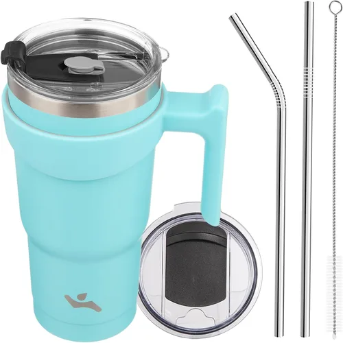 Miniatura 47 de Konokyo - Vaso de 10 onzas con asa y 2 popotes, 2 tapas, botella de agua aislada de acero inoxidable, taza de viaje reutilizable, color verde militar