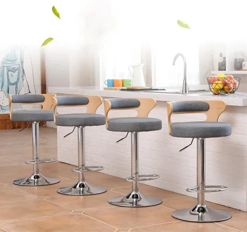 Miniatura 4 de Taburetes de bar altos, elegante taburete de bar de altura ajustable de tela con respaldo medio de madera y base cromada, taburete de bar