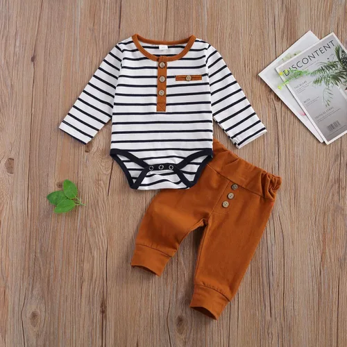 Miniatura 2 de Ropa de punto acanalado de algodón para bebés, niñas y niños, recién nacidos enterizo de manga larga, pantalones largos unicolor, atuendos de otoño