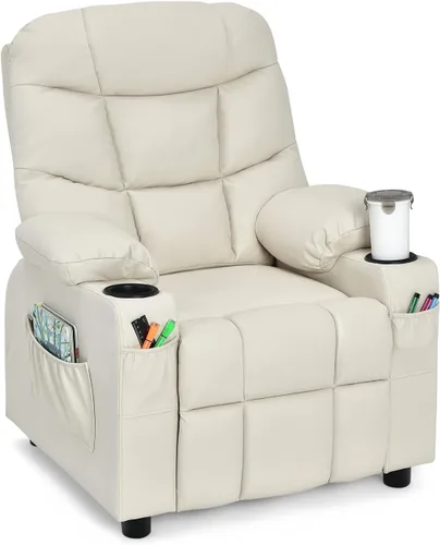 Miniatura 11 de GLACER Silla reclinable para niños con portavasos y bolsillos laterales, reclinable para niños con respaldo cómodo, reposabrazos y reposapiés, Marrón