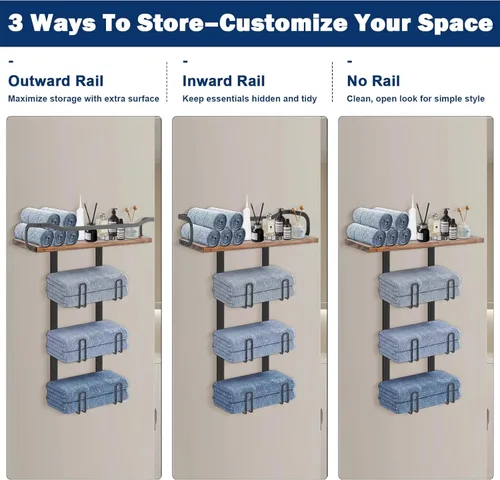Miniatura 6 de NearMoon Toallero con estante de madera, soporte organizador de toallas de metal inoxidable para almacenamiento de baño, montado en la pared