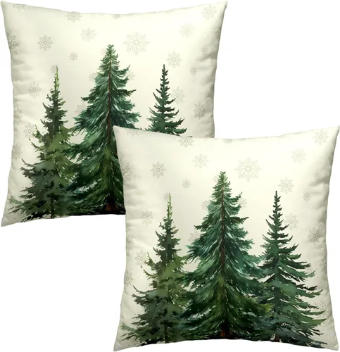 Miniatura 2 de Fundas de Almohada de Bosque de Pinos 22x22 Juego de 2, Fundas de Almohada Decorativas de Árboles de Abeto y Cedro Verde Nieve Beige de Invierno