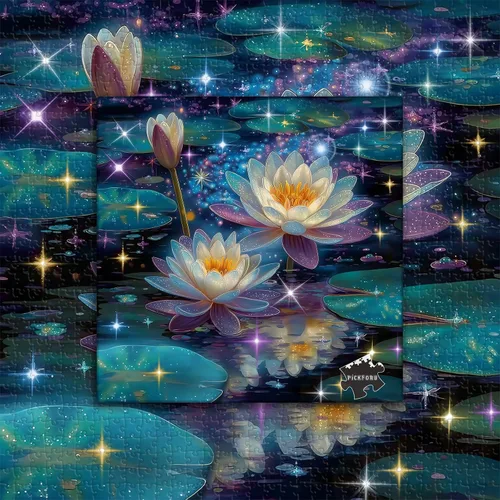 Miniatura 2 de Rompecabezas de flores de loto de ensueño para adultos, 1000 piezas, rompecabezas artístico de lirio de agua de fantasía con estrellas brillantes