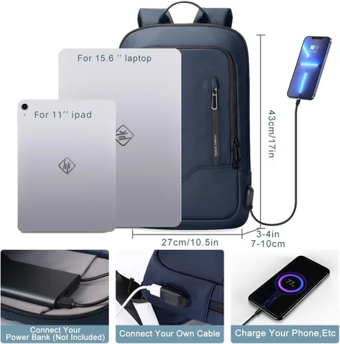 Miniatura 2 de Mochila hk para Hombre de Negocios, Mochila Delgada con Cargador USB, Mochila para Computadora, Ligera, Antirrobo, para Viaje, Negro, 15,6 pulg.