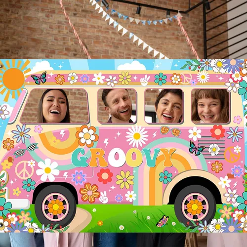 Miniatura 7 de Decoraciones de fiesta hippie Groovy Bus Banner de los años 60, telón de fondo de margarita, recortado de la cara de los años 60, accesorios