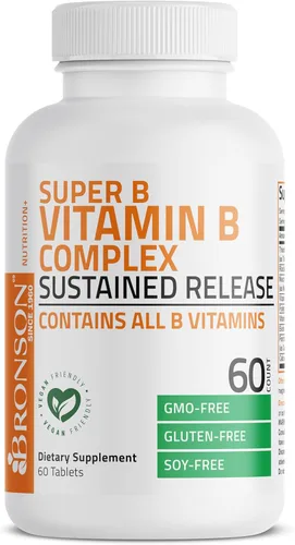 Miniatura 3 de Bronson Complejo de vitamina B Super B de liberación lenta sostenida (vitamina B1, B2, B3, B6, B9 - ácido fólico, B12) contiene todas las vitaminas