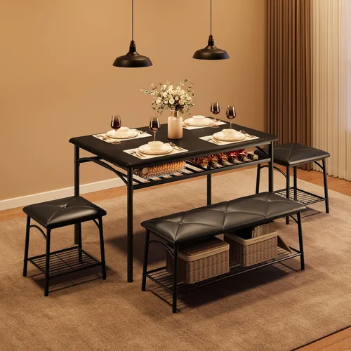 Miniatura 3 de IDEALHOUSE Juego de 4 mesas de comedor para 4, mesa de cocina con banco de comedor tapizado y taburetes cuadrados, juego de comedor para 4 personas