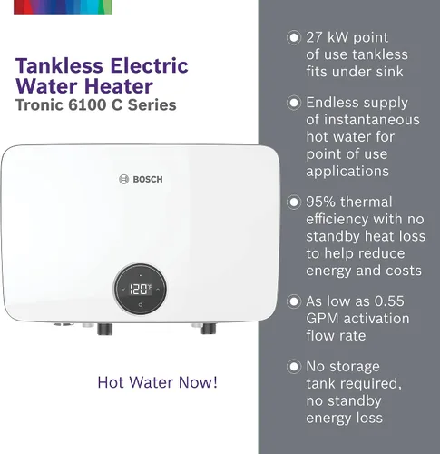 Miniatura 2 de Bosch Thermotechnology Tronic 6100 - Calentador de agua eléctrico sin tanque, 27 kW, color blanco